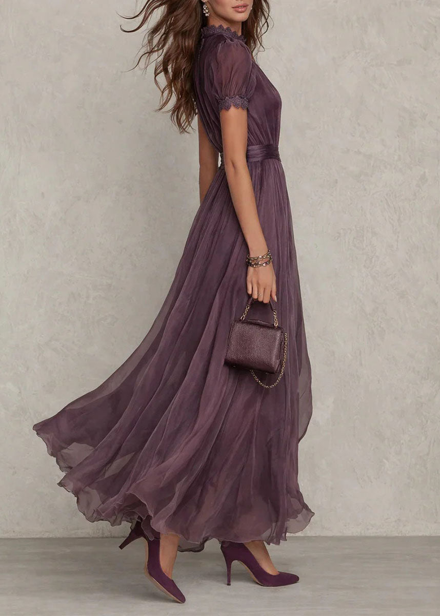 Keyhole Lace Trim Pleated Waist Chiffon Maxi Gown 3