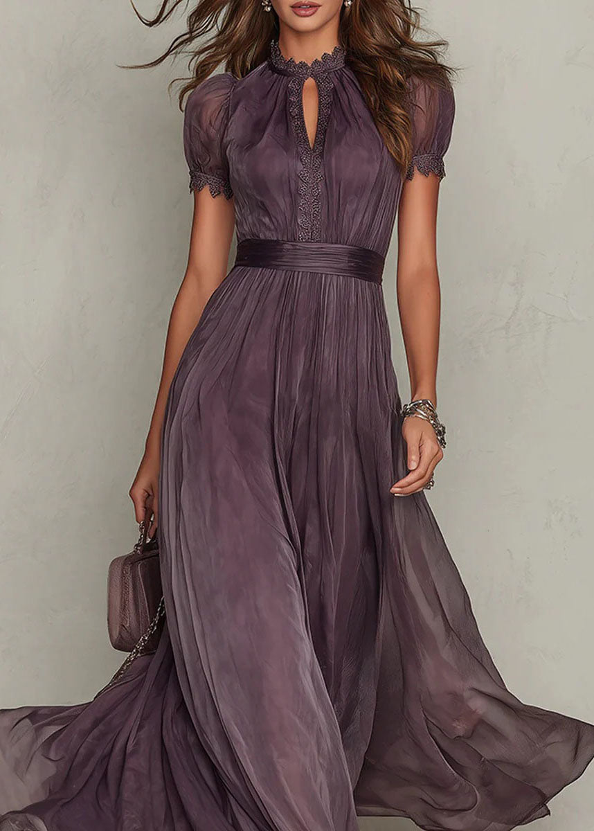 Keyhole Lace Trim Pleated Waist Chiffon Maxi Gown 4