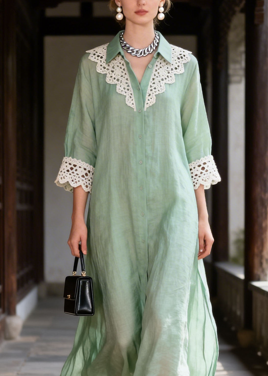Pointed Collar Oversized Crochet Lace Collar Cuff Side Slit Linen Maxi Shirt Dress 2