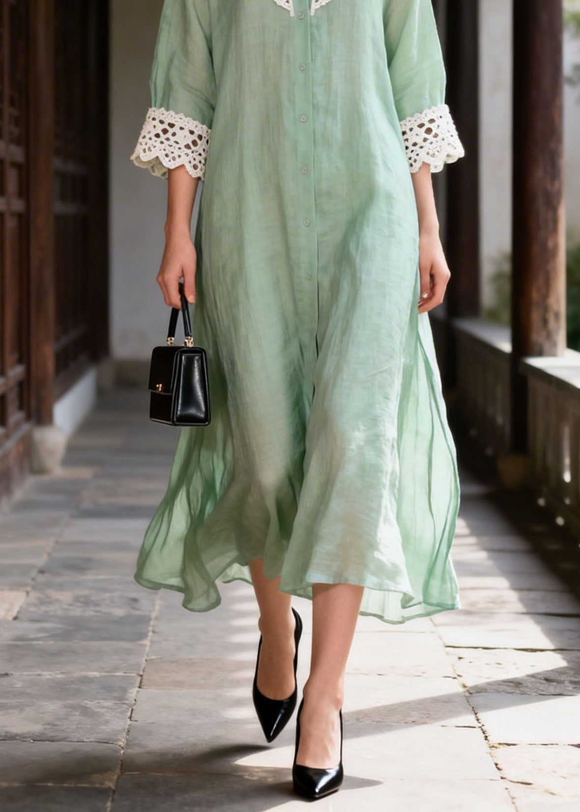 Pointed Collar Oversized Crochet Lace Collar Cuff Side Slit Linen Maxi Shirt Dress 4