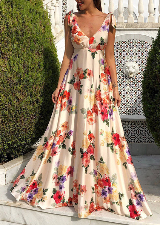 Deep V Neck Bow Shoulder Strap Large Floral Print Maxi Gown