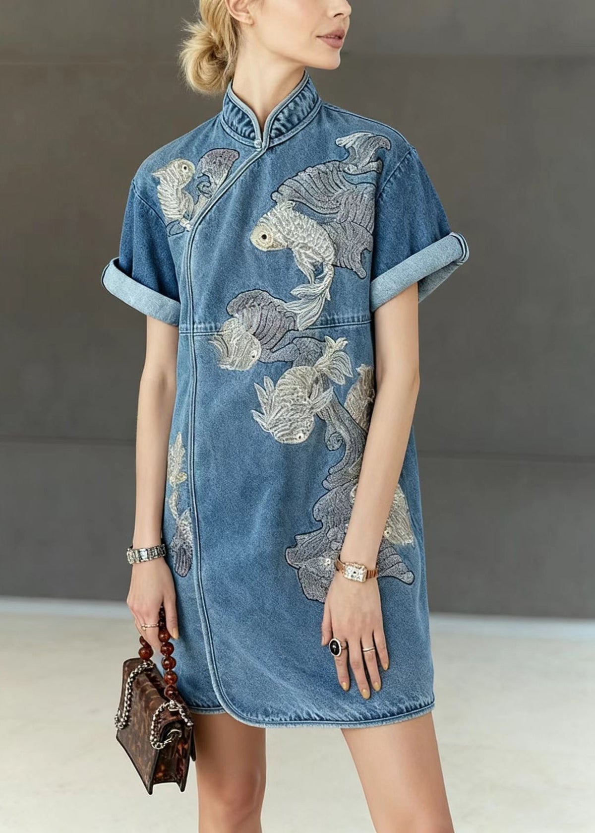 Mandarin Collar Goldfish Embroidery Denim Qipao Mini Dress