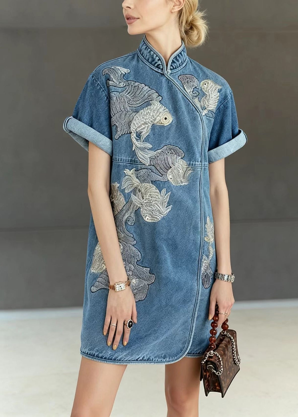 Mandarin Collar Goldfish Embroidery Denim Qipao Mini Dress 3