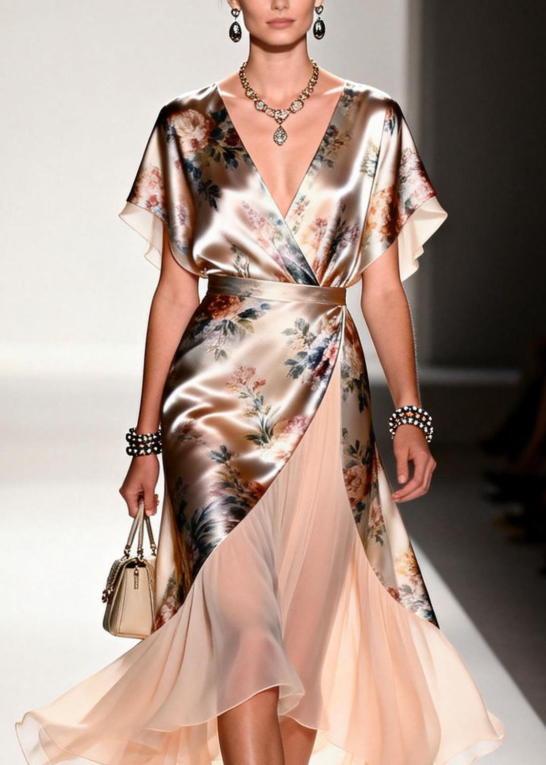 Deep V-Neck Flutter Sleeve Wrap Belt Floral Print Sheer Panel Midi Dress 2
