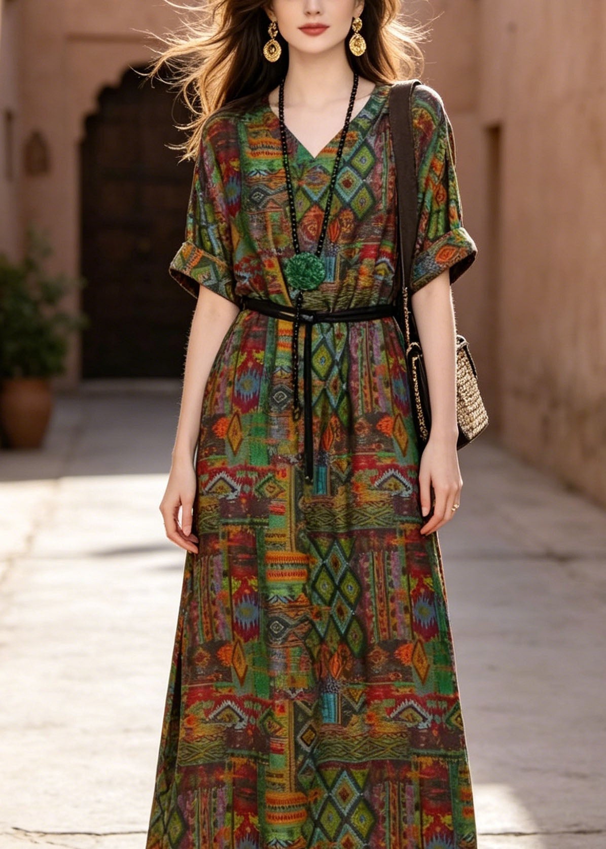 V-Neck Short Sleeve Belted Geometric Tribal Print Cotton Maxi Dress 2