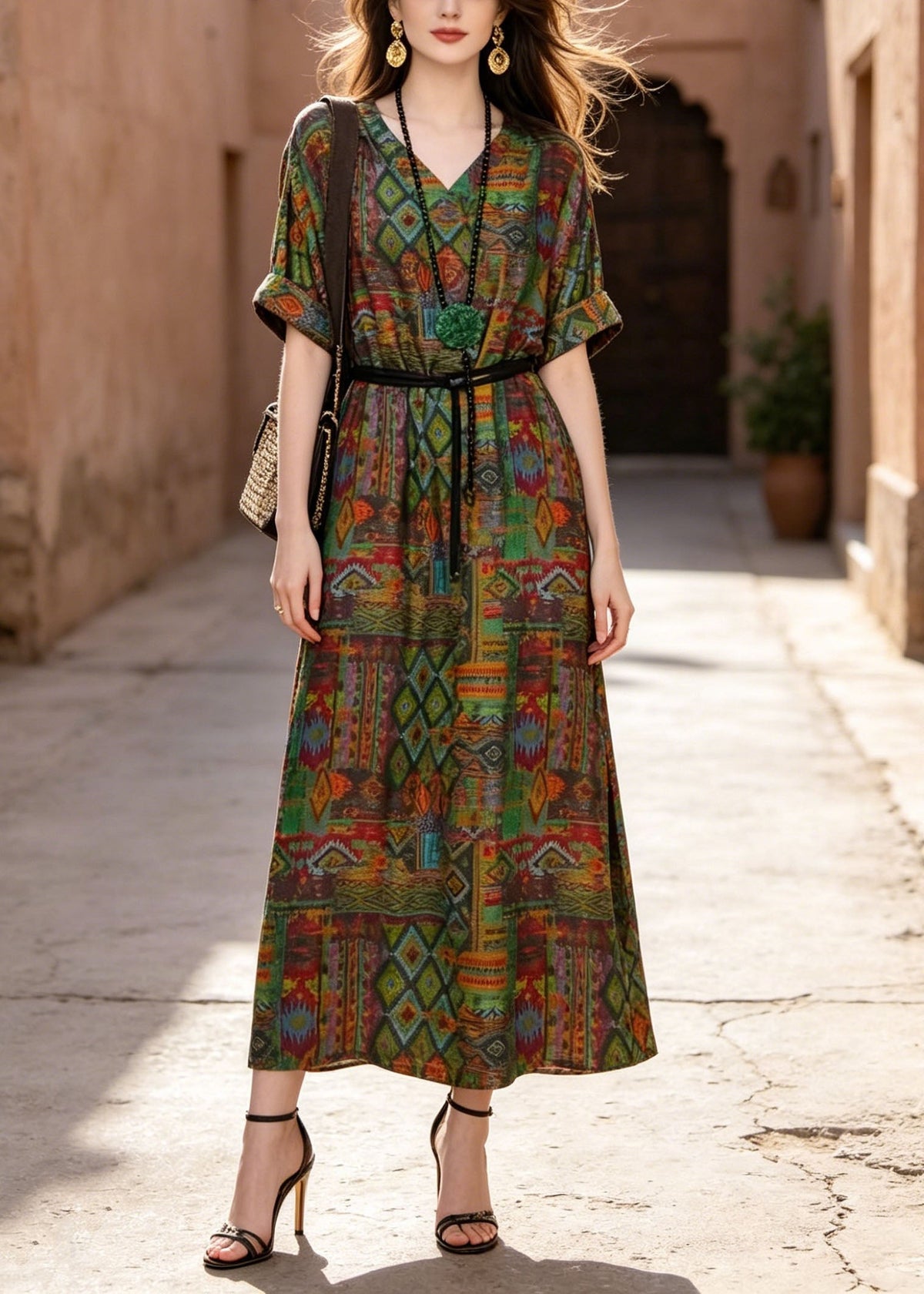 V-Neck Short Sleeve Belted Geometric Tribal Print Cotton Maxi Dress 3