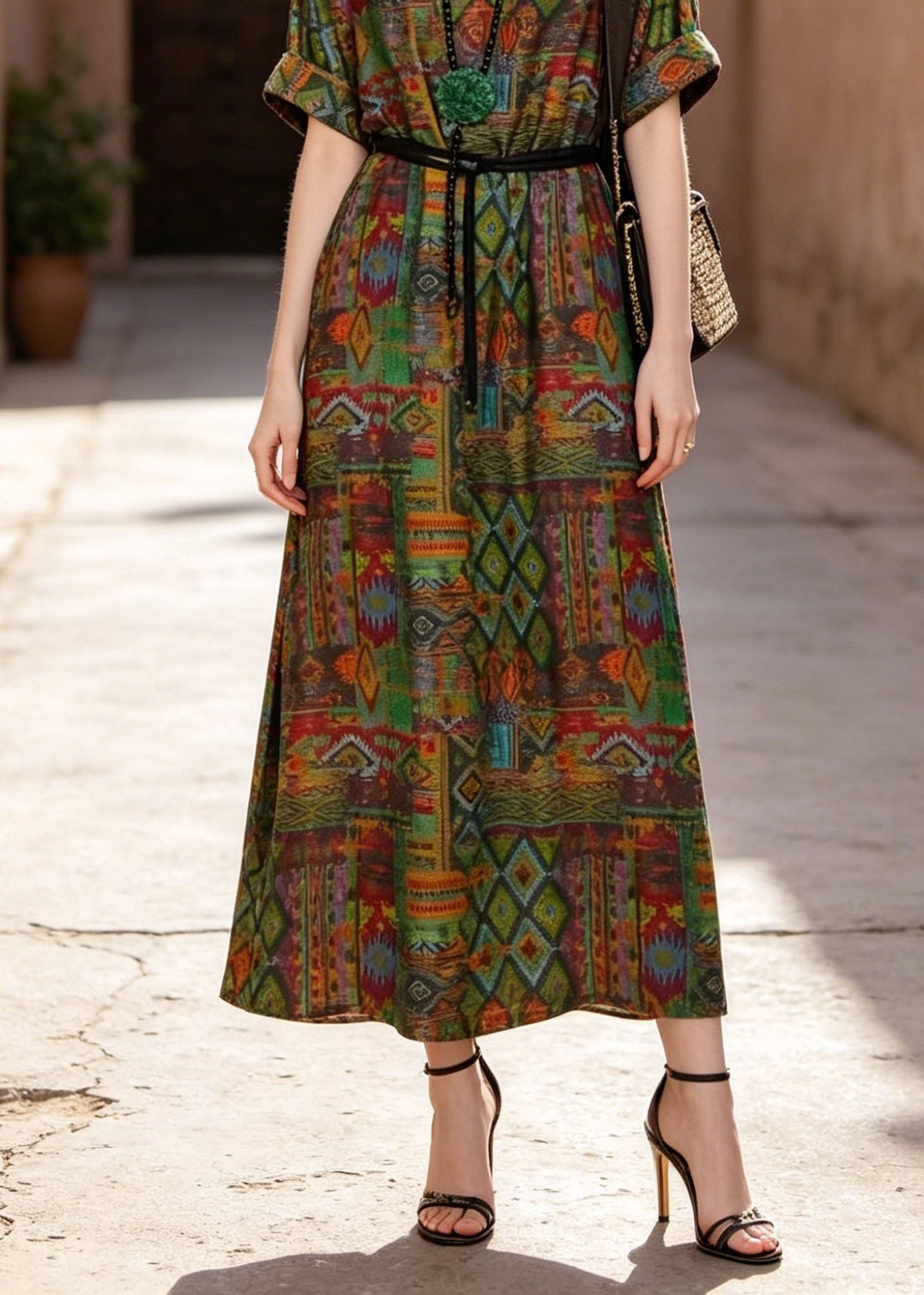 V-Neck Short Sleeve Belted Geometric Tribal Print Cotton Maxi Dress 4