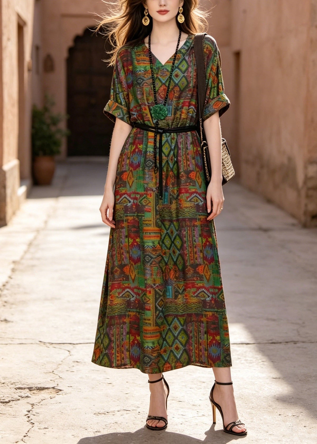 V-Neck Short Sleeve Belted Geometric Tribal Print Cotton Maxi Dress 5