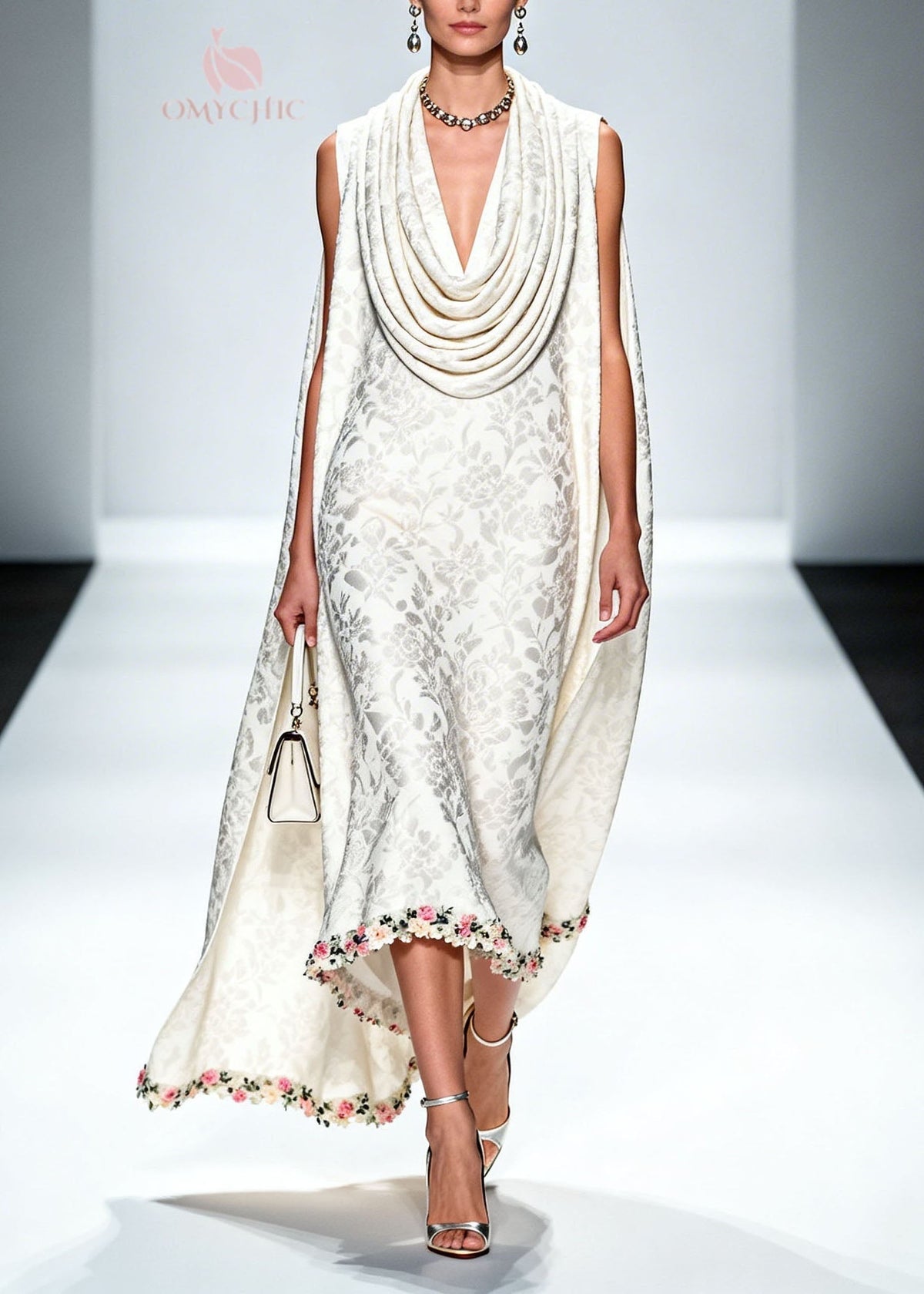 Draped Cowl Neck Floral Damask Trailing Cape High-Low Hem Gown 3