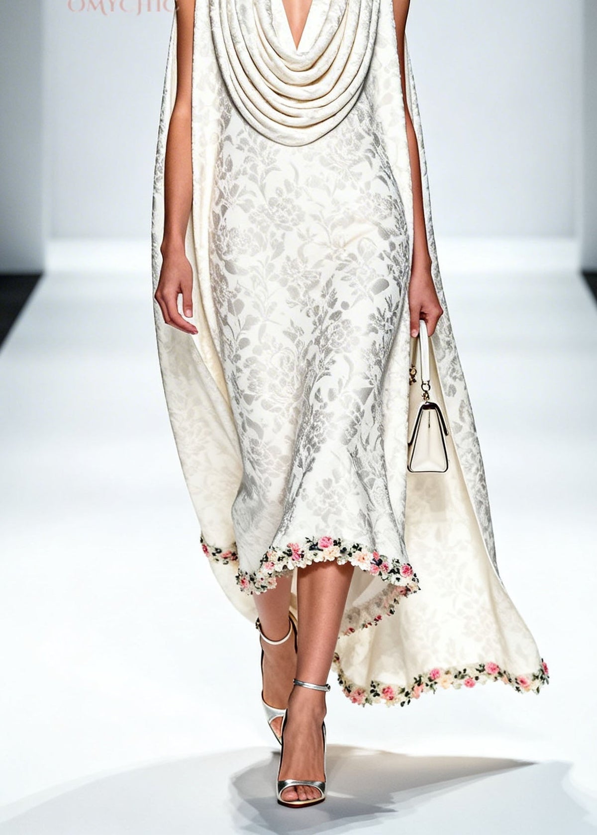 Draped Cowl Neck Floral Damask Trailing Cape High-Low Hem Gown 4