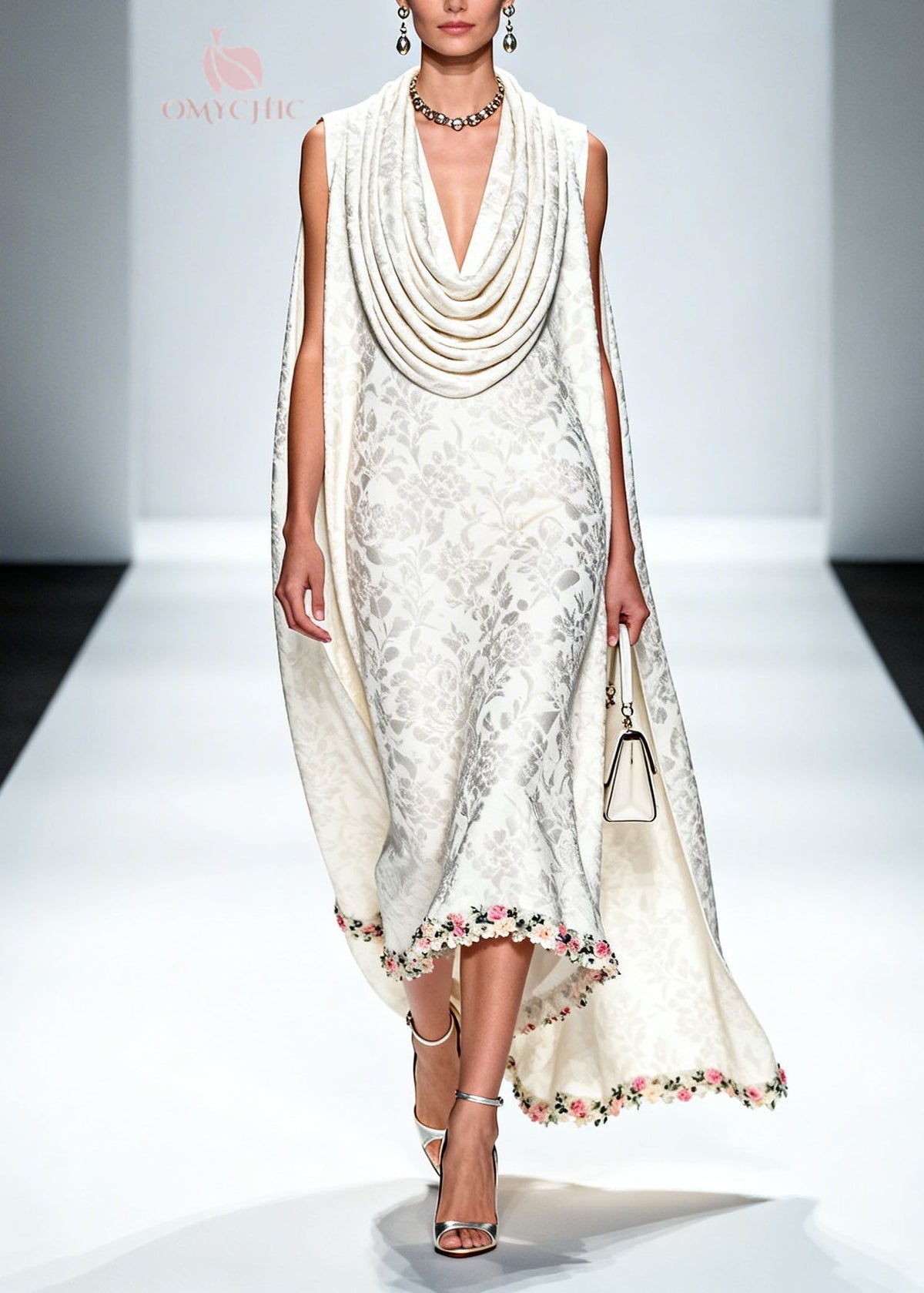 Draped Cowl Neck Floral Damask Trailing Cape High-Low Hem Gown 5