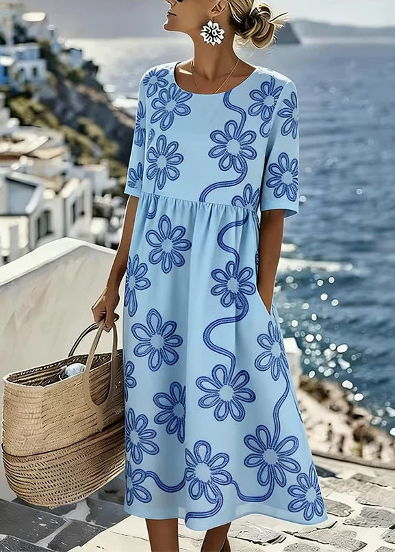 Floral Print Round Neck Half Sleeve Pocket Maxi Dress 2