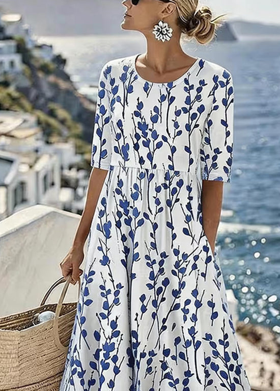 Floral Print Round Neck Half Sleeve Pocket Maxi Dress 3