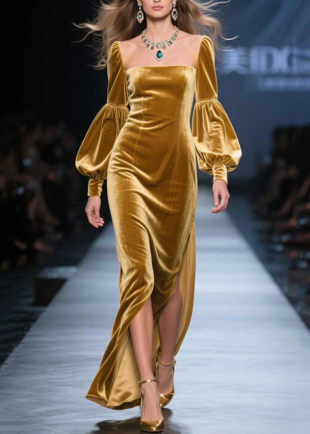 Square Neck Bishop Sleeve Velvet High-Slit Column Gown