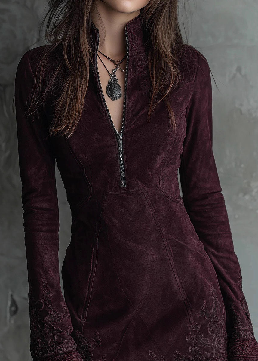 Mock Neck Quarter Zip Embroidered Lace Cuff Paneled Faux Suede Mini Dress 2
