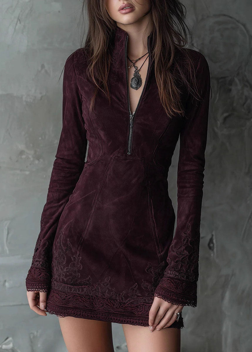 Mock Neck Quarter Zip Embroidered Lace Cuff Paneled Faux Suede Mini Dress 3