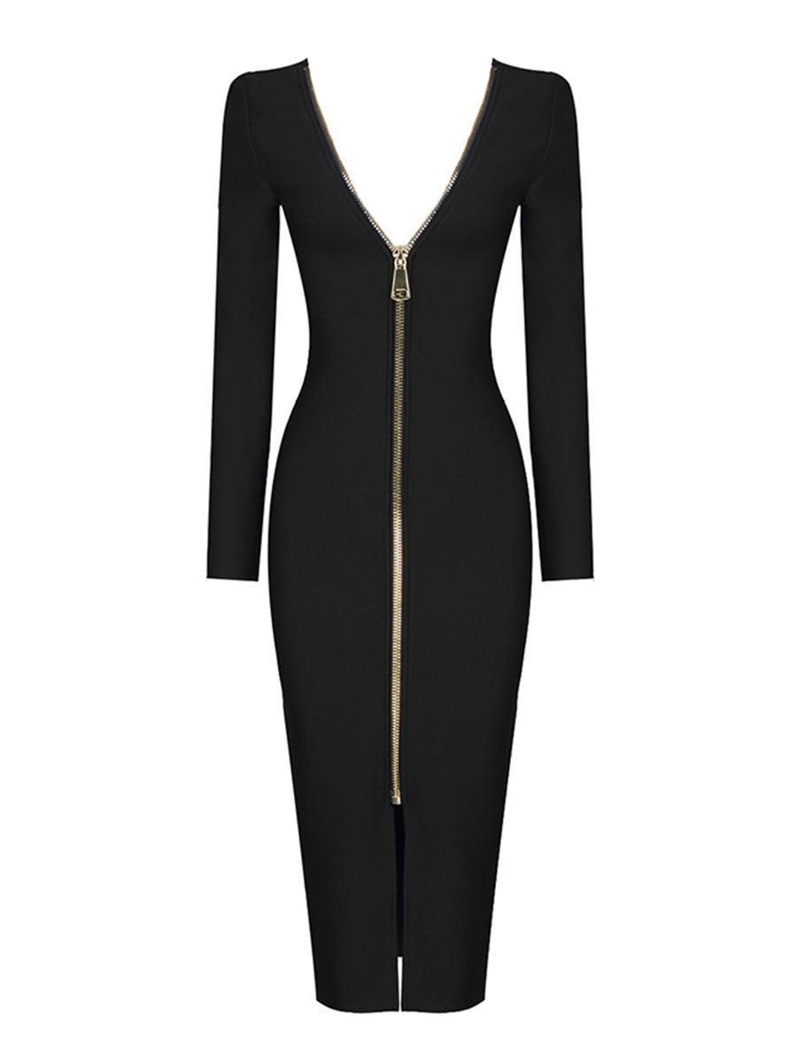 Long Sleeve Exposed Back Zip High Slit Bandage Midi Dress 8