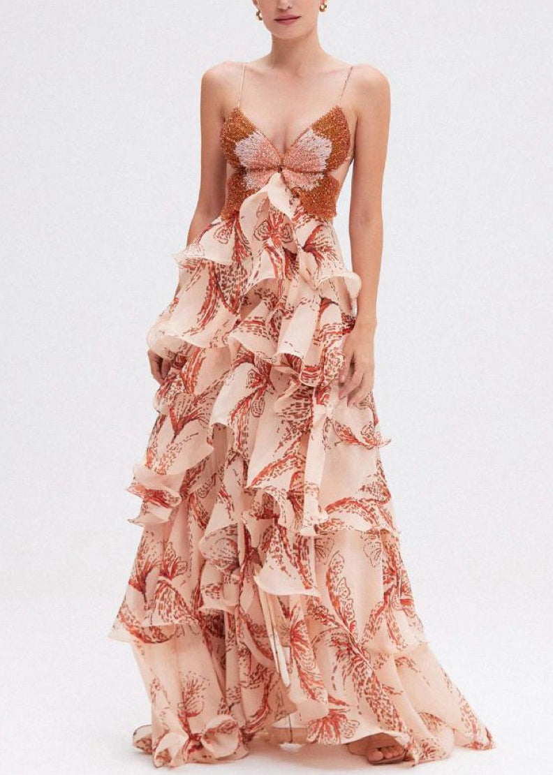 Butterfly Sequin Bodice Spaghetti Strap Tiered Ruffle Print Floor-Length Gown