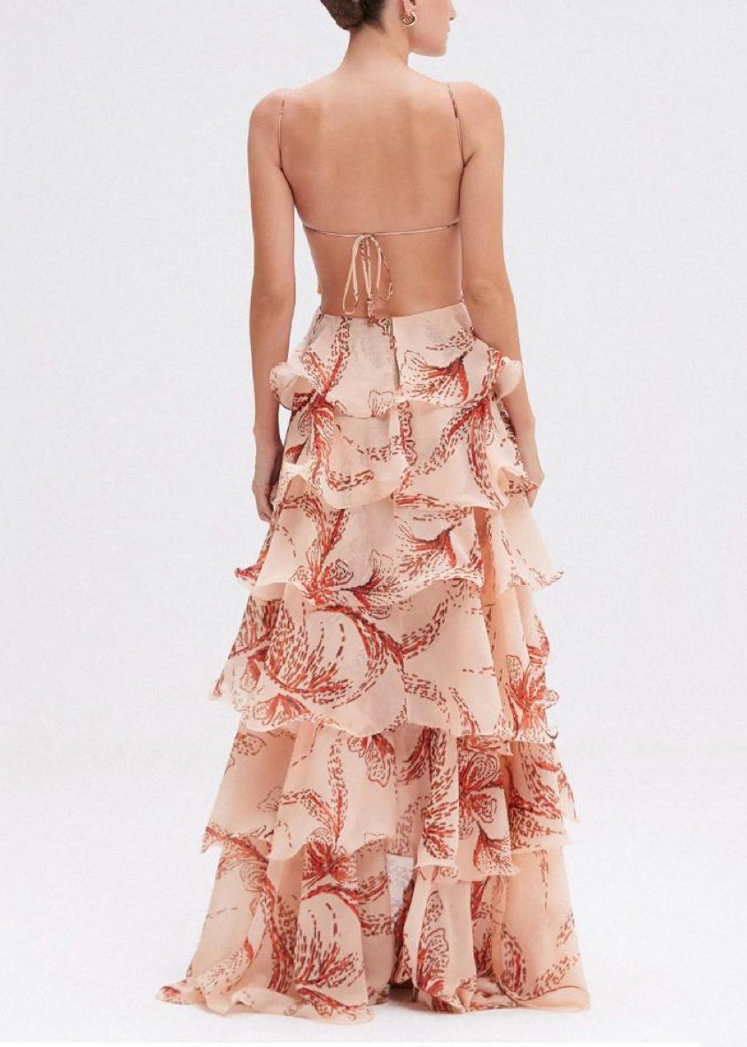 Butterfly Sequin Bodice Spaghetti Strap Tiered Ruffle Print Floor-Length Gown 2