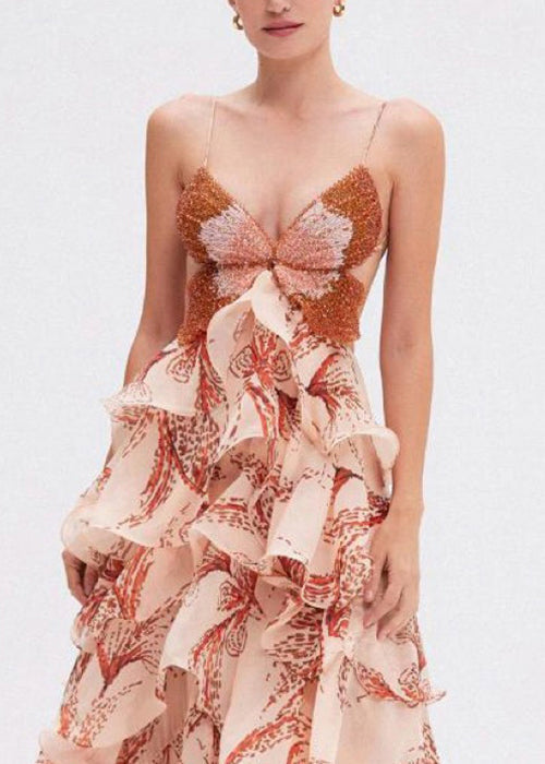 Butterfly Sequin Bodice Spaghetti Strap Tiered Ruffle Print Floor-Length Gown 3