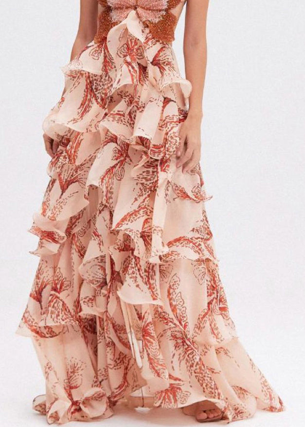 Butterfly Sequin Bodice Spaghetti Strap Tiered Ruffle Print Floor-Length Gown 4