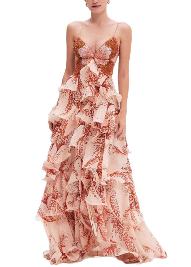 Butterfly Sequin Bodice Spaghetti Strap Tiered Ruffle Print Floor-Length Gown 5
