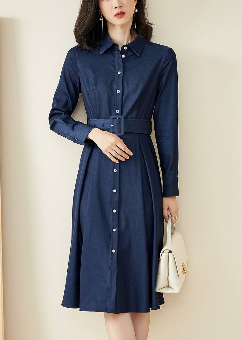 Peter Pan Collar Button Belt Pleated A-Line Midi Shirt Dress 2