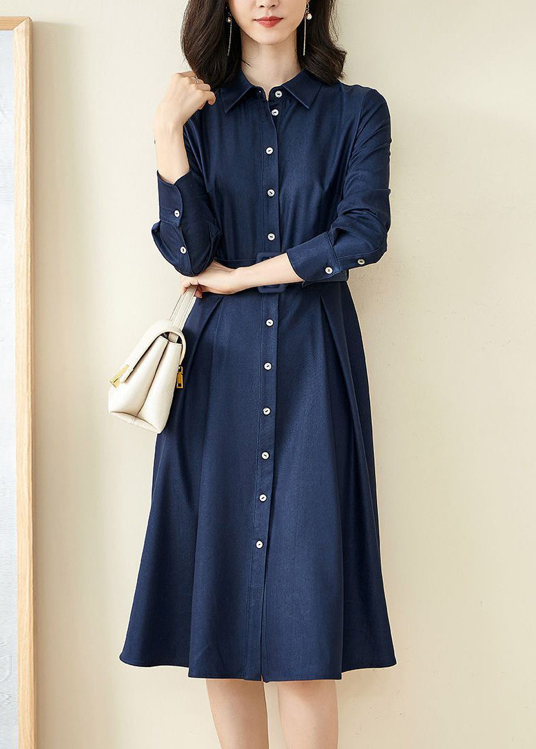 Peter Pan Collar Button Belt Pleated A-Line Midi Shirt Dress 3