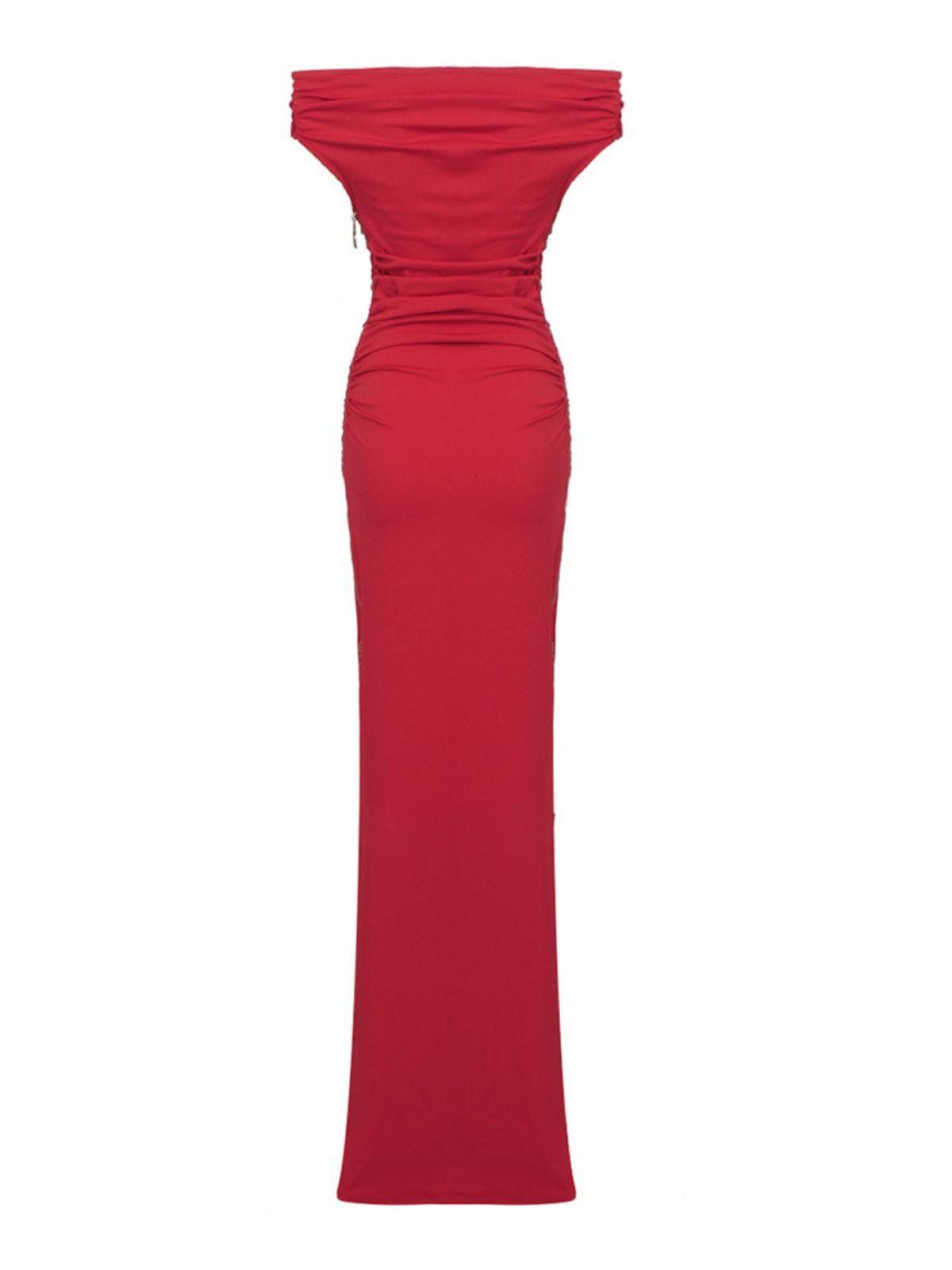 Off Shoulder Ruched Exposed Zip Side Slit Column Maxi Dress 8