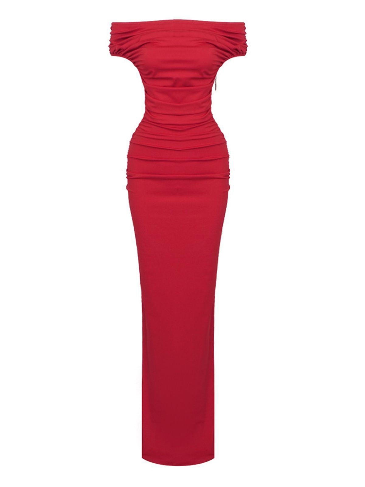 Off Shoulder Ruched Exposed Zip Side Slit Column Maxi Dress 6