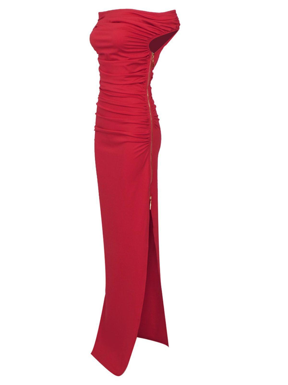 Off Shoulder Ruched Exposed Zip Side Slit Column Maxi Dress 7