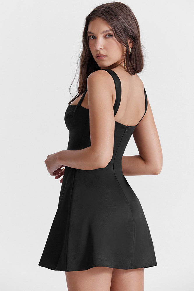 Black Square Neck Suspender Strap Satin Mini Dress 7