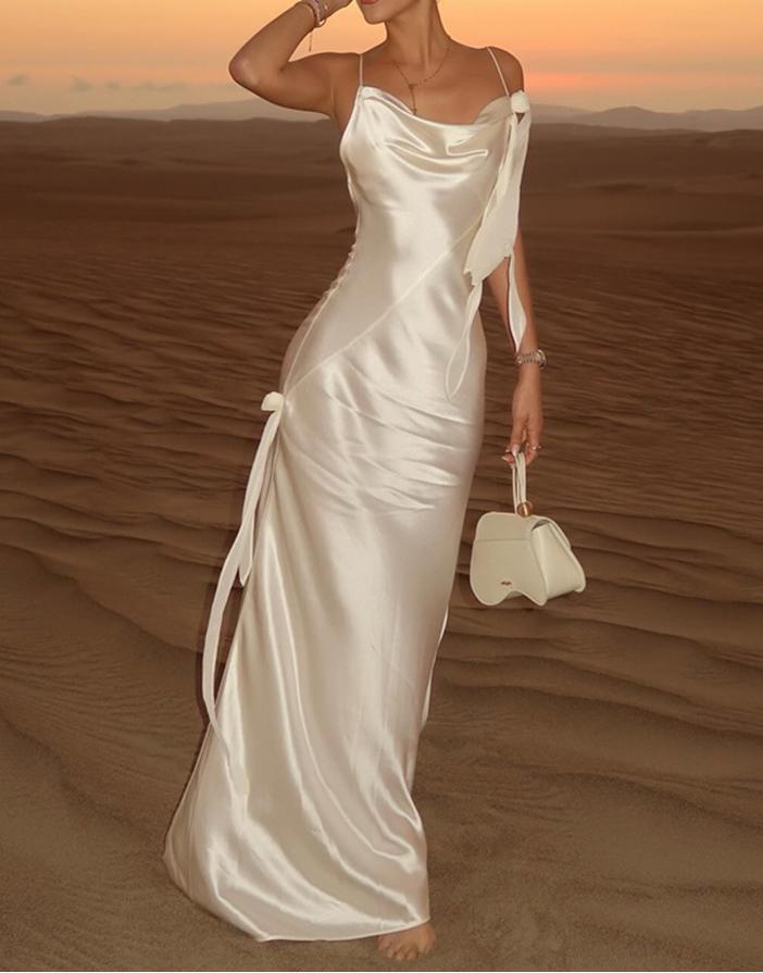 Cowl Neck Spaghetti Strap Rosette Drape Satin Maxi Dress 2
