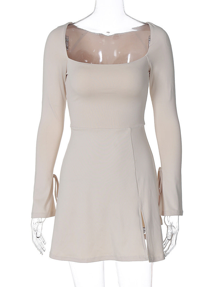 Square Neck Long Sleeve Tie Cuff Slit Knit Mini Dress 4