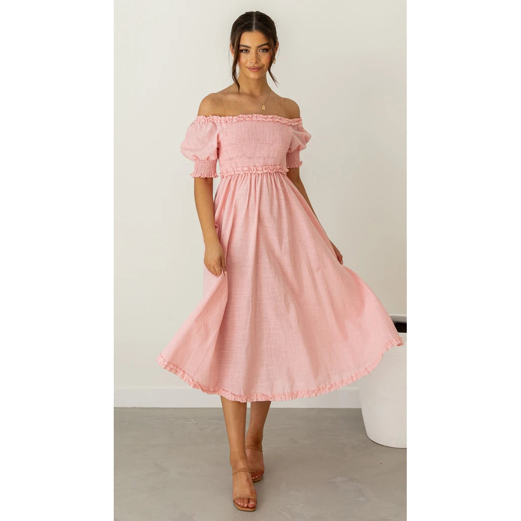 Off Shoulder Smocked Puff Sleeve Ruffle Trim Midi Dress 6