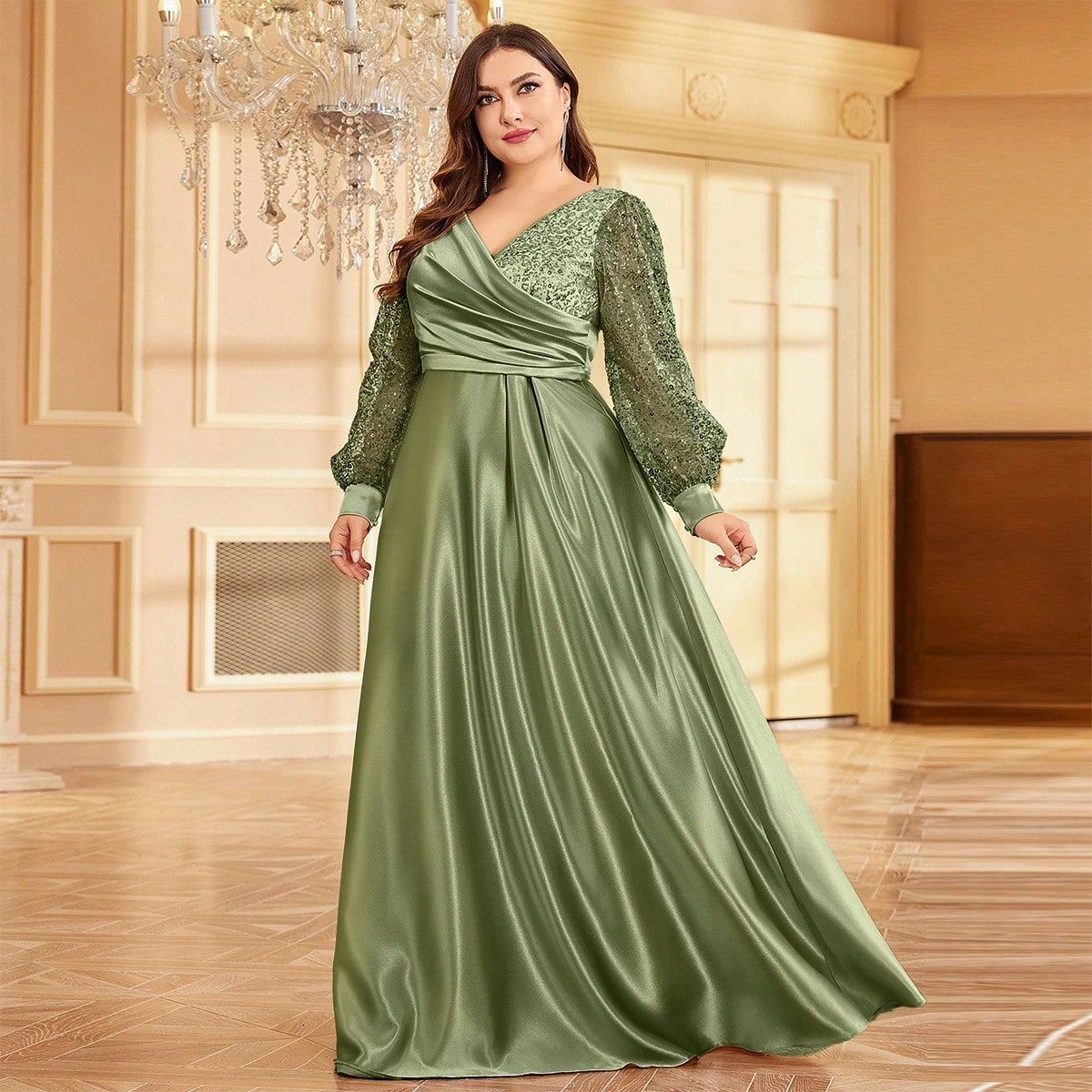 Sequin Lantern Sleeve Surplice V-Neck Satin Maxi Gown
