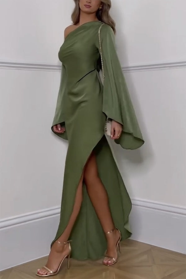 One Shoulder Ruched Folded Bandage Maxi Dress 3