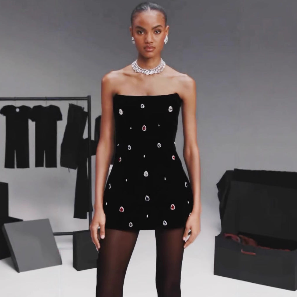 Black Rhinestone Embellished Strapless Bodycon Mini Dress