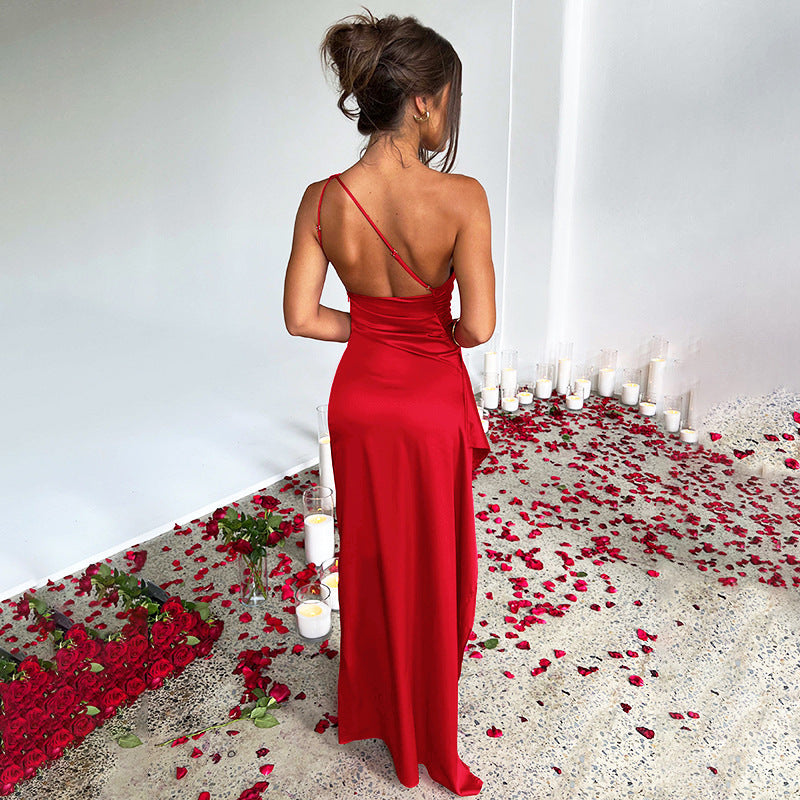 Satin One-Shoulder Ruched Bodice High Slit Column Maxi Gown 17