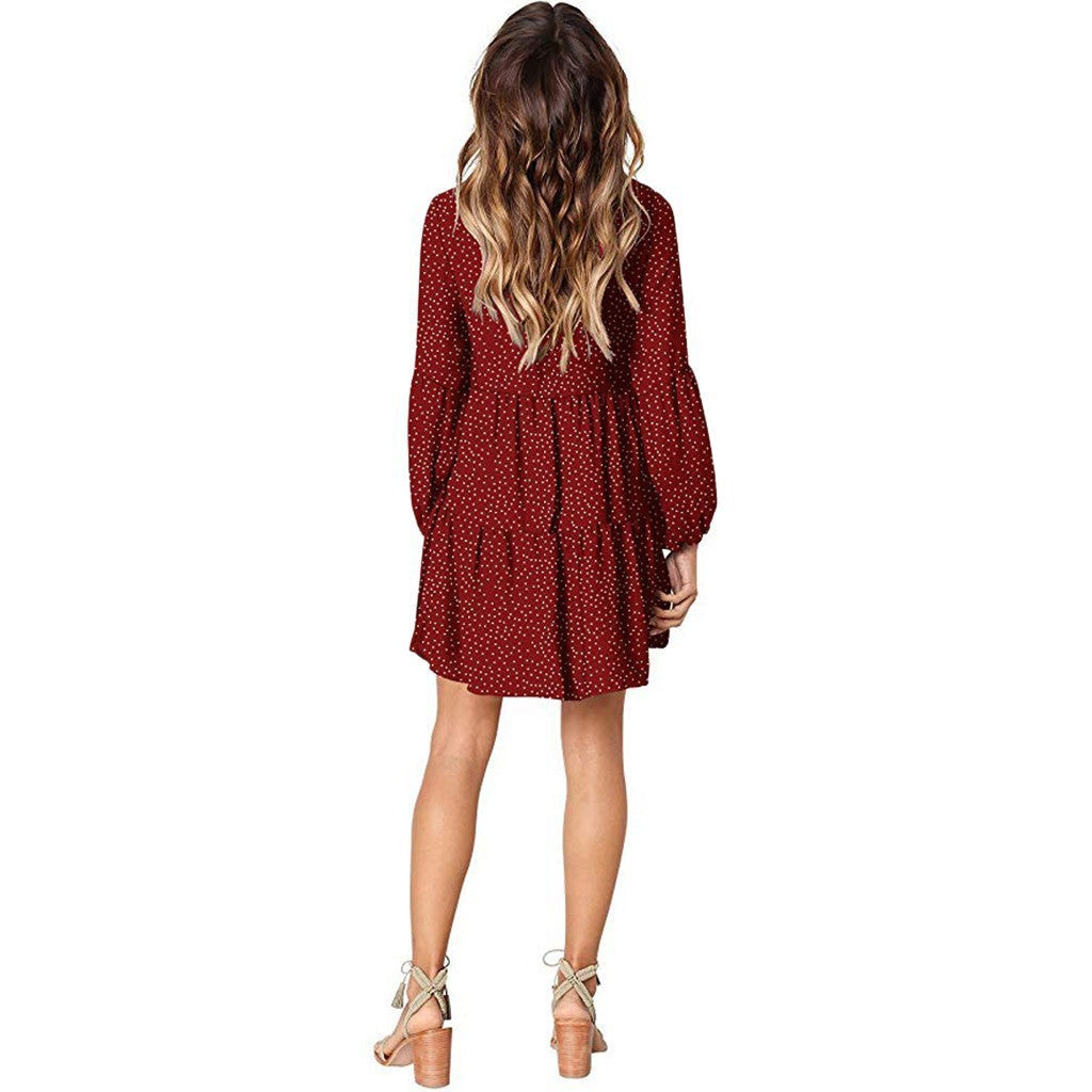 V Neck Lantern Sleeve Tiered Polka Dot Babydoll Mini Dress 3