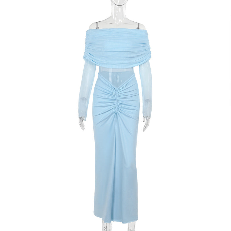 Off Shoulder Mesh Pleated Ruched Bodycon Maxi Dress 6