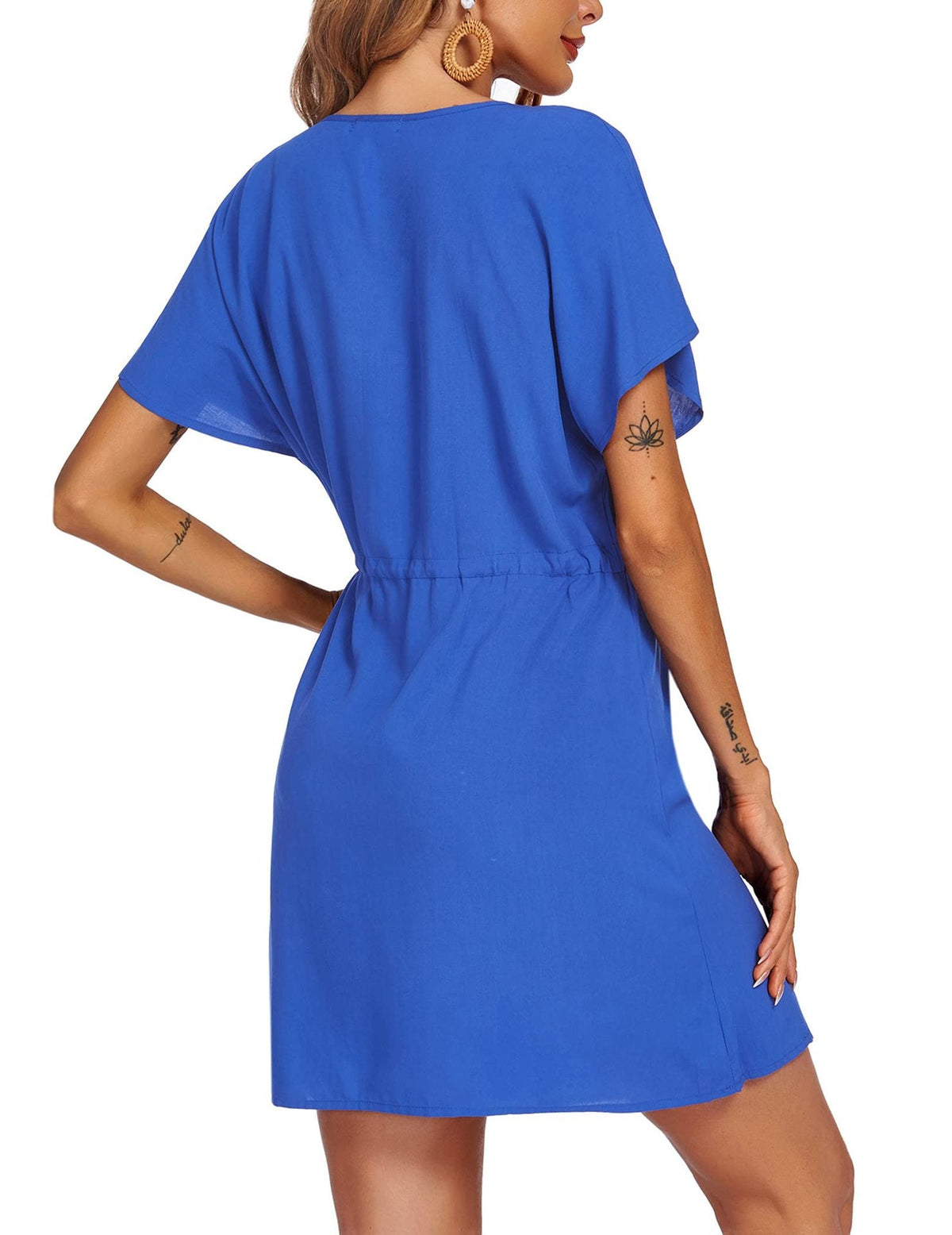 Deep V Drawstring Waist Flutter Sleeve Beach Cover Mini Dress 2