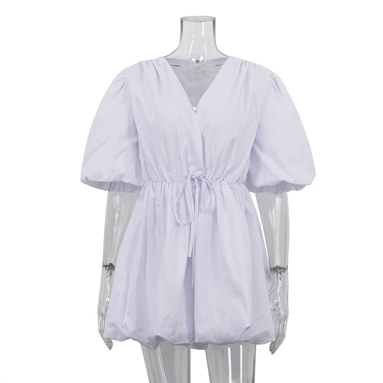Lace Up Waist Puff Sleeve V-Neck Bubble Hem Mini Dress 5