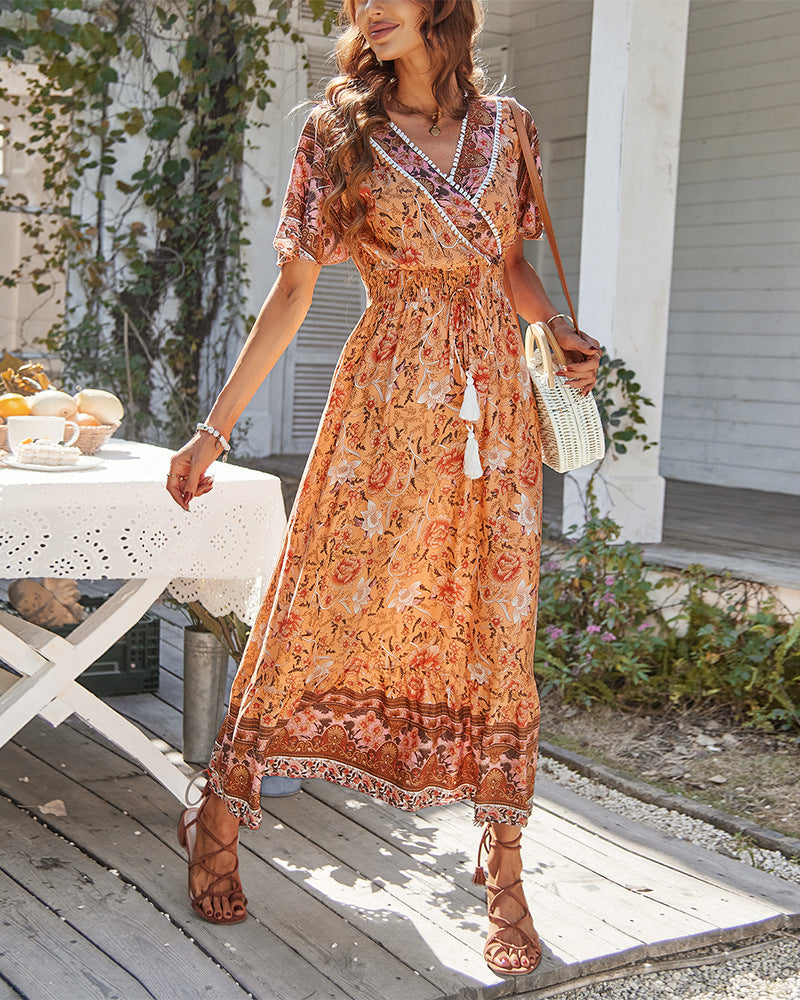 Wrap V Flutter Sleeve Smocked Drawstring Tiered Border Maxi Dress 6