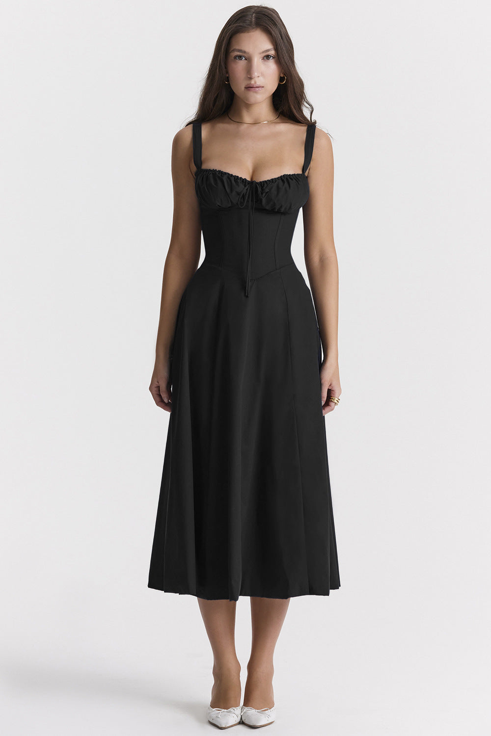 Floral Lace Up Back Spaghetti Strap Corset Fit and Flare Midi Dress 26
