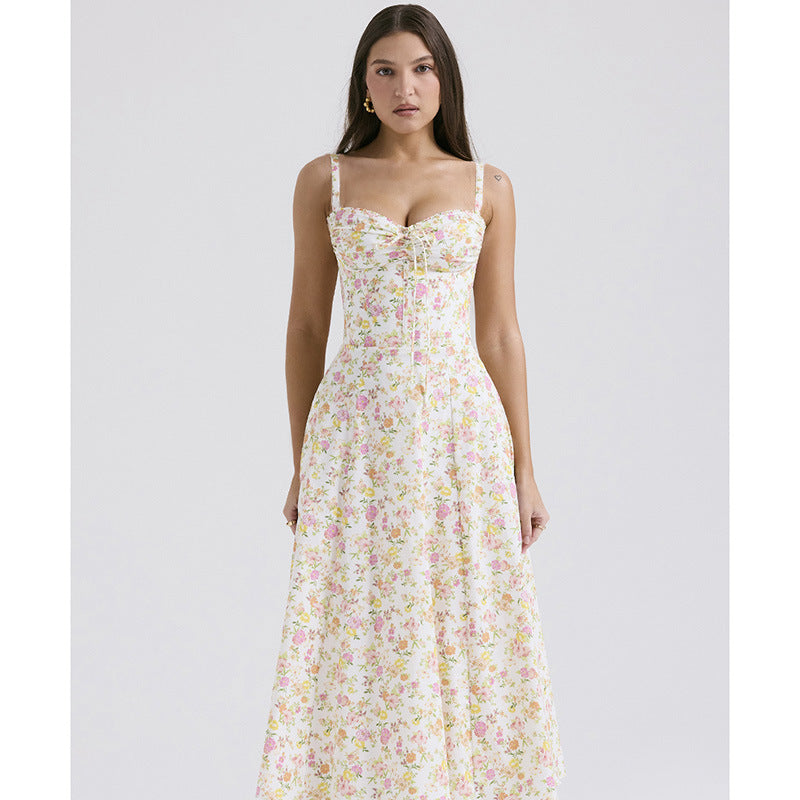 Floral Bustier Lace-Up Cami Strap Flared Midi Dress