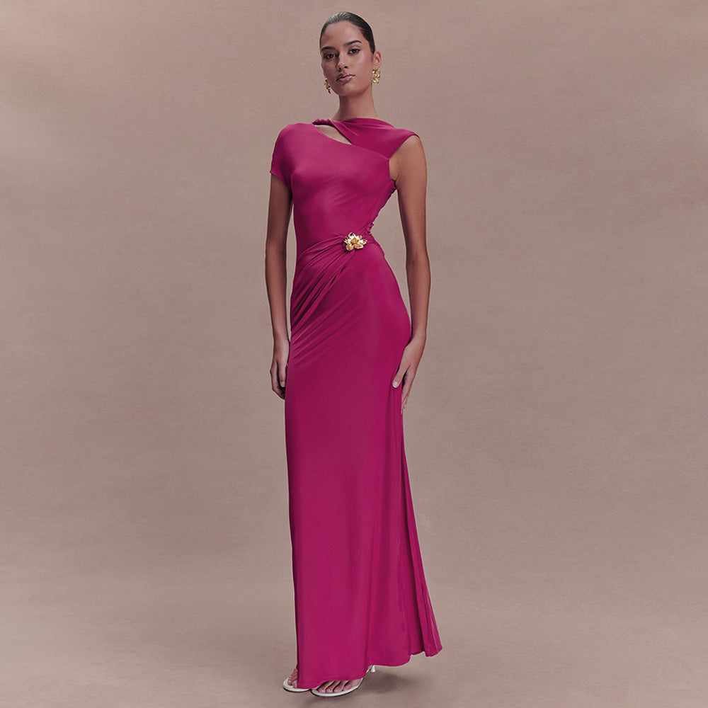 One Shoulder Cap Sleeve Cutout Ruched Maxi Dress with Buckle 2