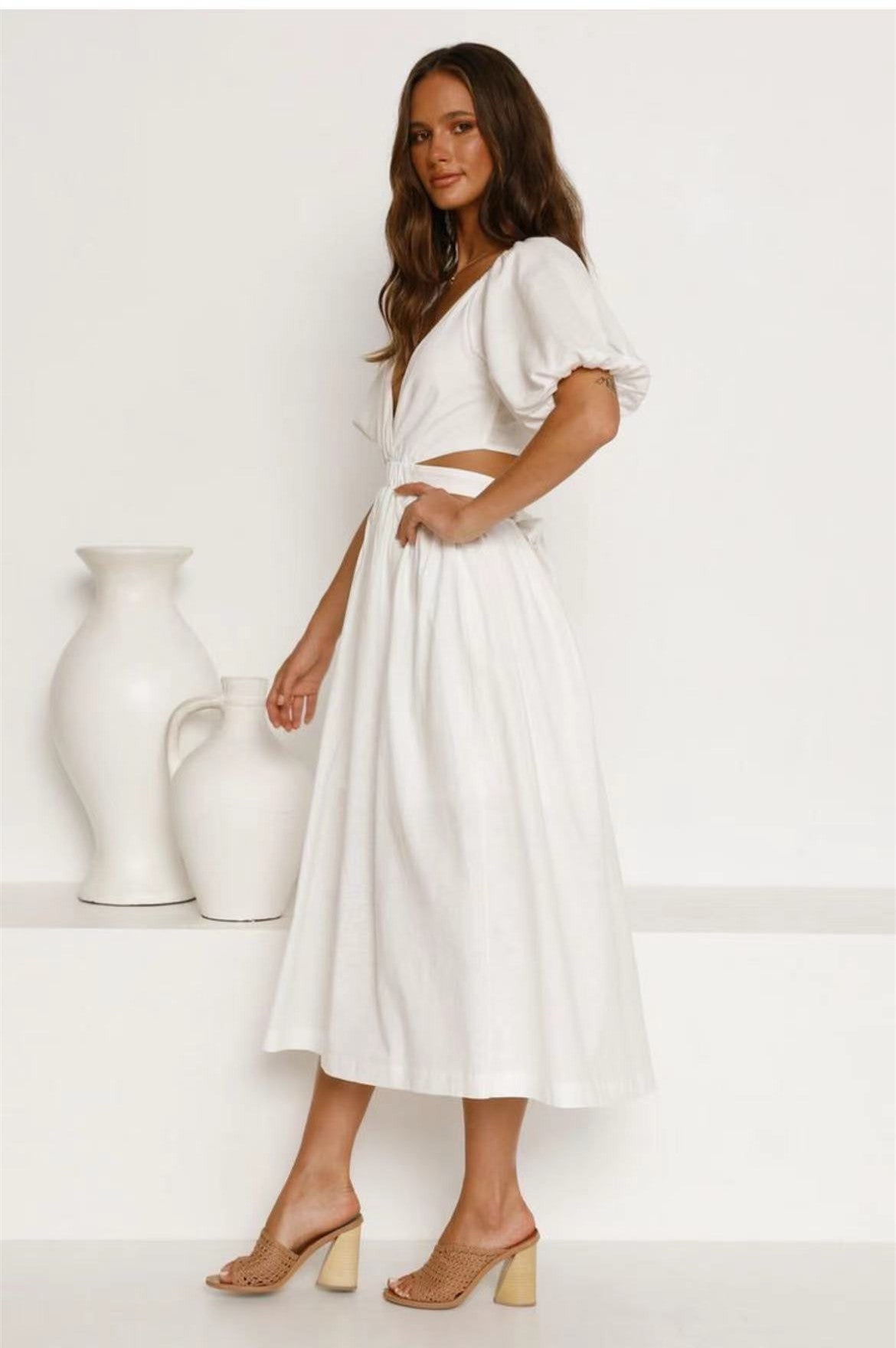 Deep V-Neck Puff Sleeve Side Cut Out Smocked Waist A-Line Midi Dress 2