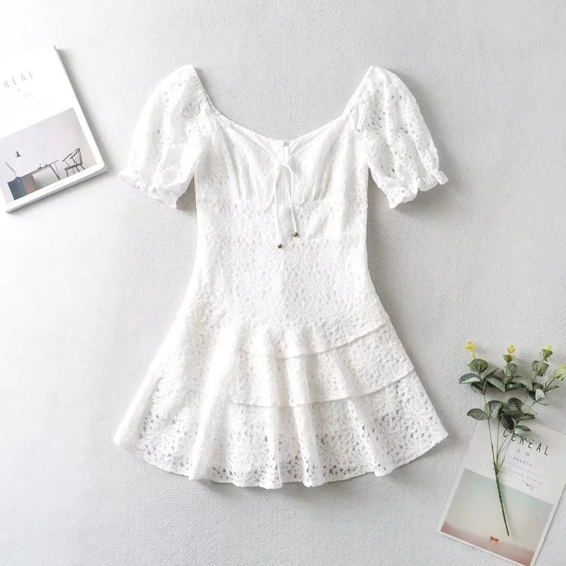 Eyelet Lace Tie Front Puff Sleeve Tiered Ruffle Mini Dress 6