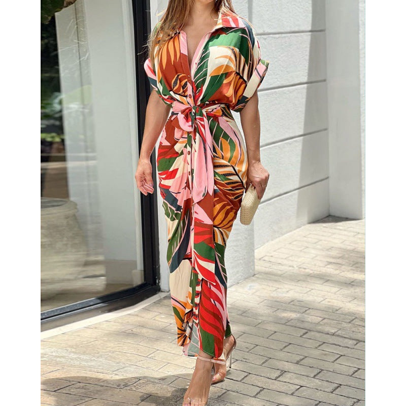 Tropical Leaf Print Button-Down Short Sleeve Tie-Waist Shirtdress Maxi Dress 2